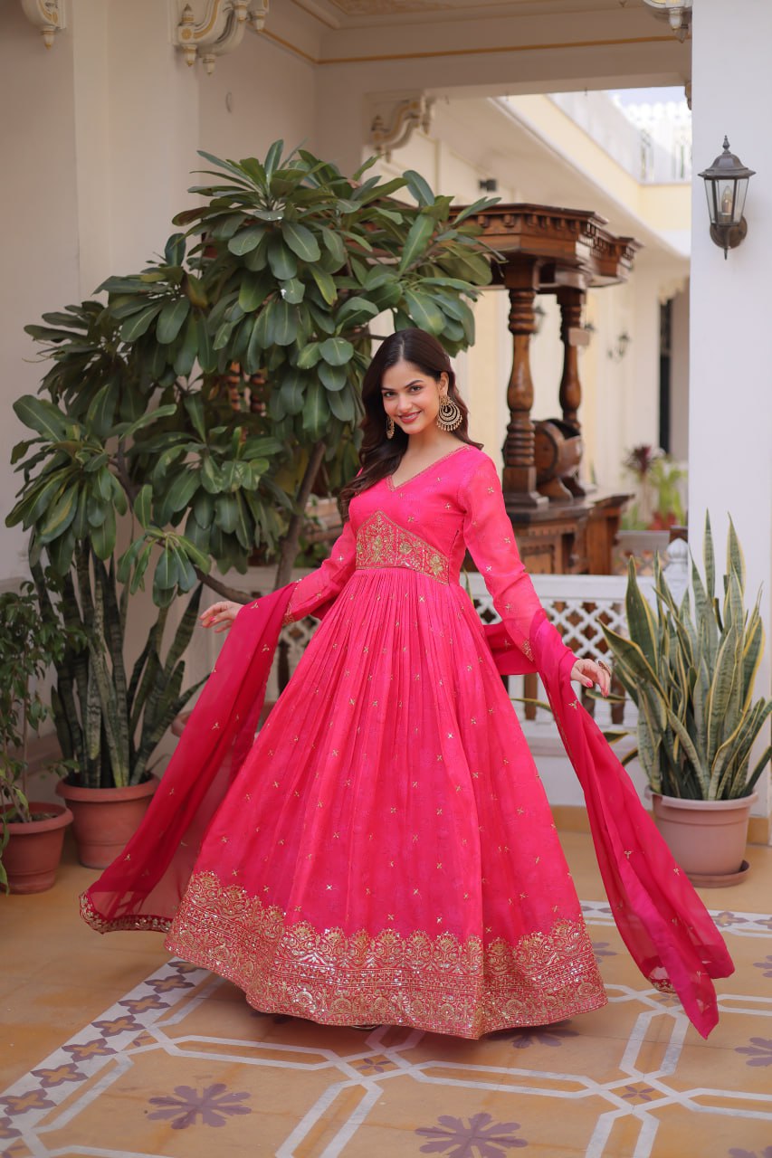 Pink Embroidered Anarkali Gown with Dupatta for Women | Designer Party Wear Ethnic Dress
