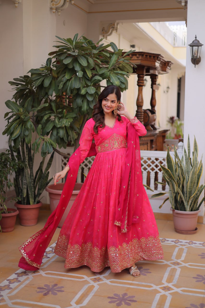 Pink Embroidered Anarkali Gown with Dupatta for Women | Designer Party Wear Ethnic Dress