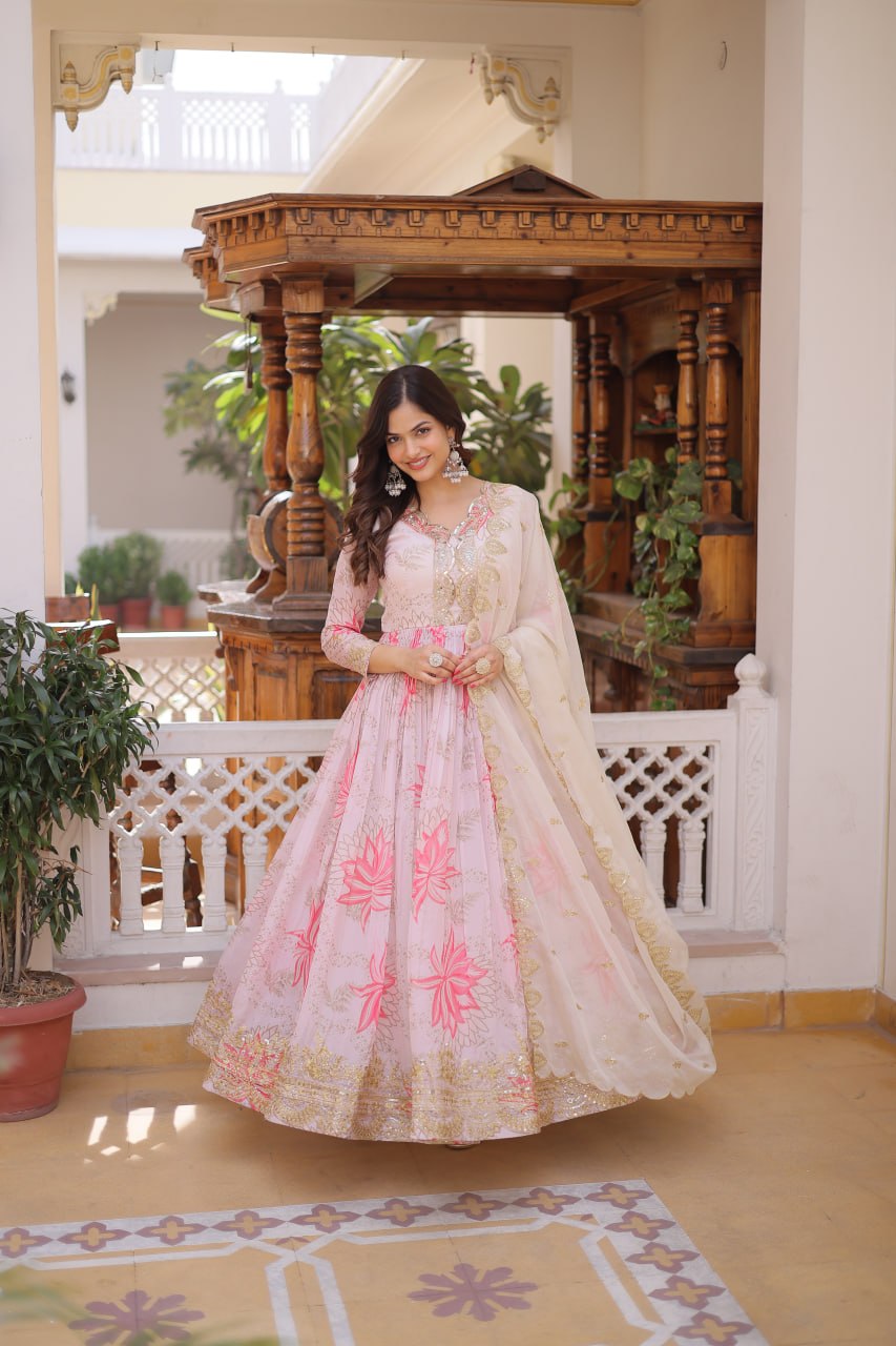 Women’s Pink Floral Printed Anarkali Gown with Embroidered Dupatta | Designer Ethnic Wear for Wedding, Festive & Party