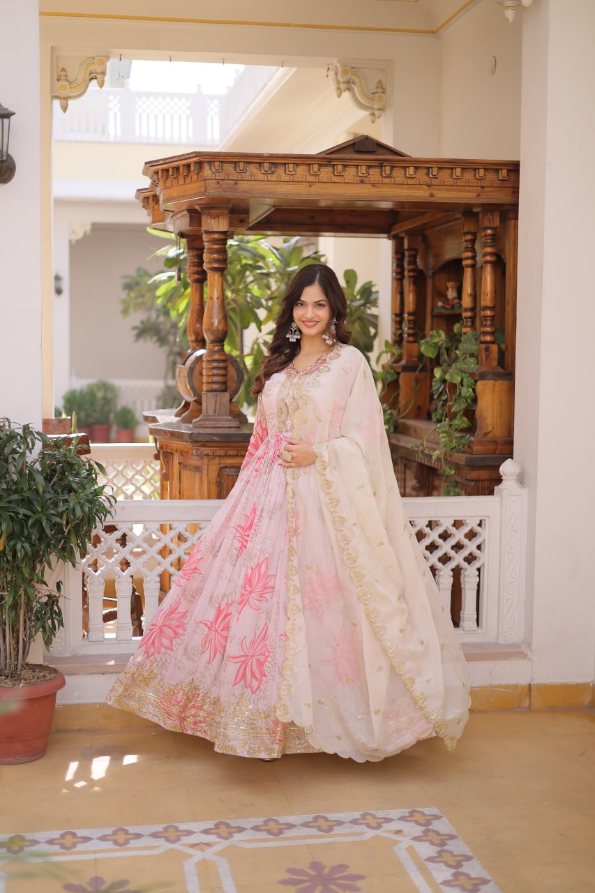 Women’s Pink Floral Printed Anarkali Gown with Embroidered Dupatta | Designer Ethnic Wear for Wedding, Festive & Party