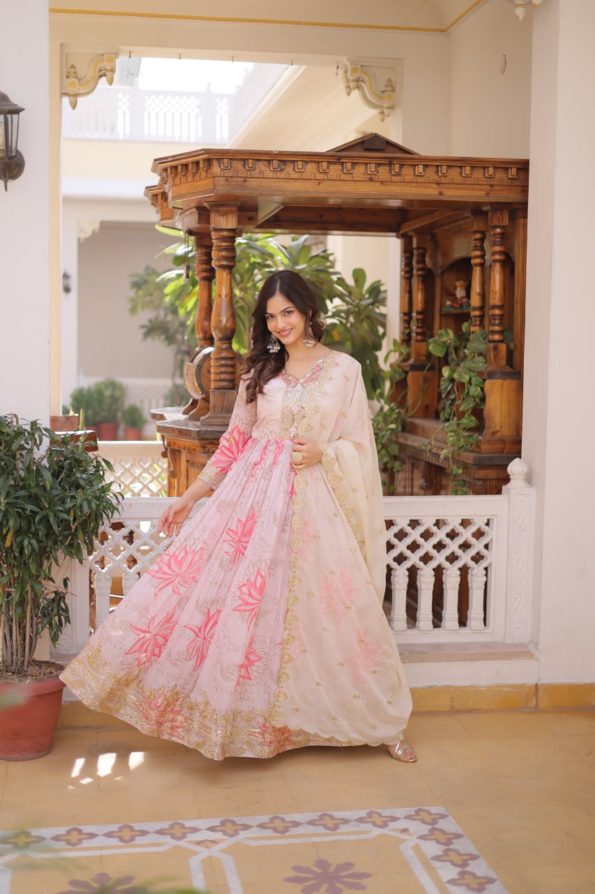 Women’s Pink Floral Printed Anarkali Gown with Embroidered Dupatta | Designer Ethnic Wear for Wedding, Festive & Party