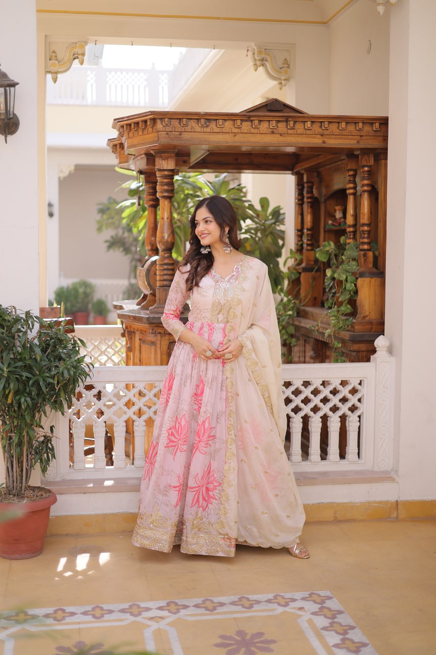 Women’s Pink Floral Printed Anarkali Gown with Embroidered Dupatta | Designer Ethnic Wear for Wedding, Festive & Party