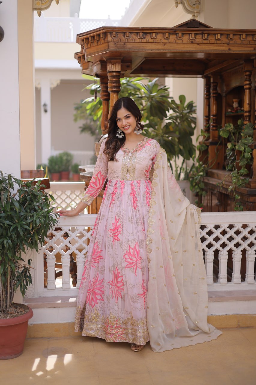 Women’s Pink Floral Printed Anarkali Gown with Embroidered Dupatta | Designer Ethnic Wear for Wedding, Festive & Party