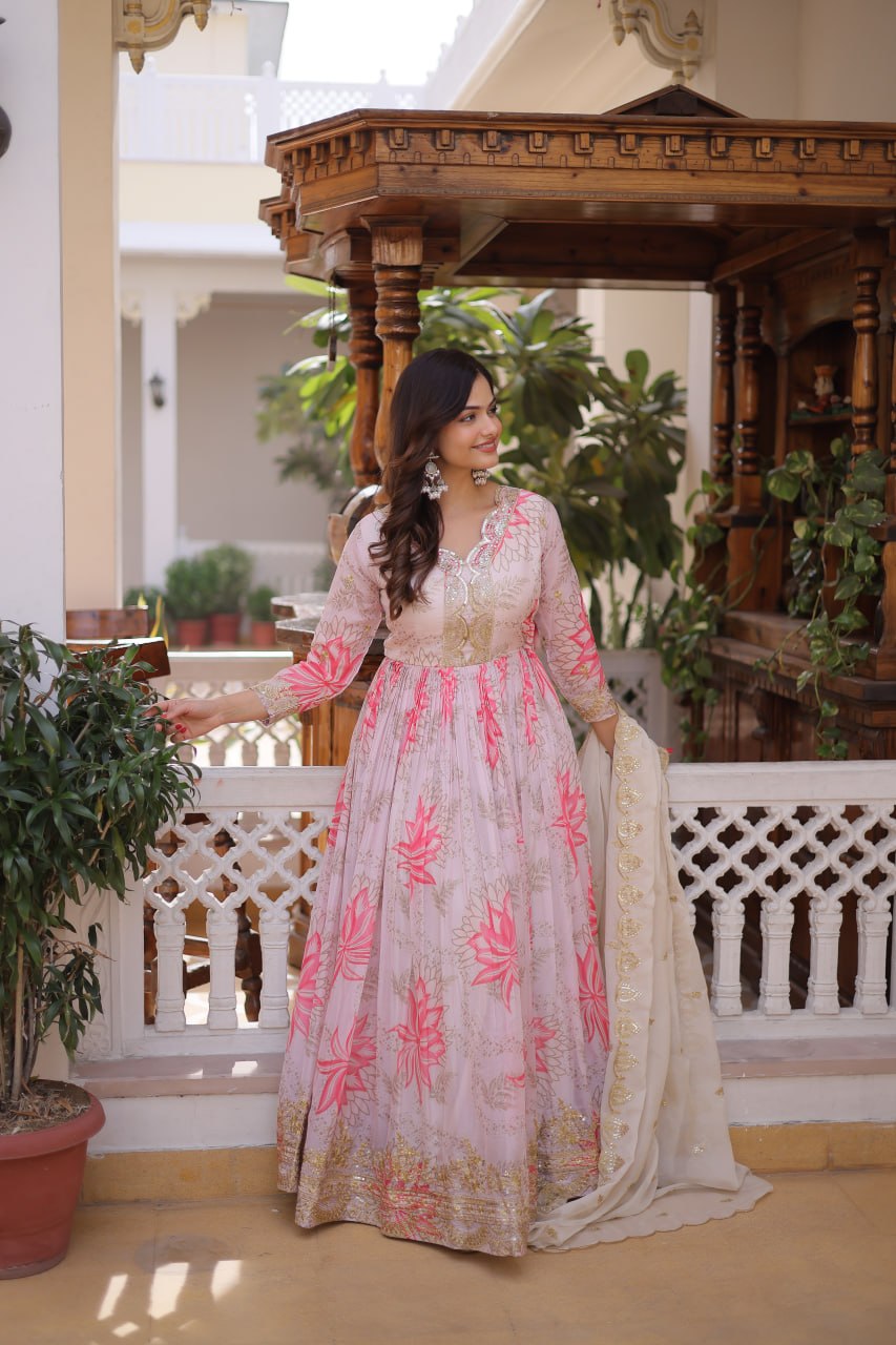 Women’s Pink Floral Printed Anarkali Gown with Embroidered Dupatta | Designer Ethnic Wear for Wedding, Festive & Party