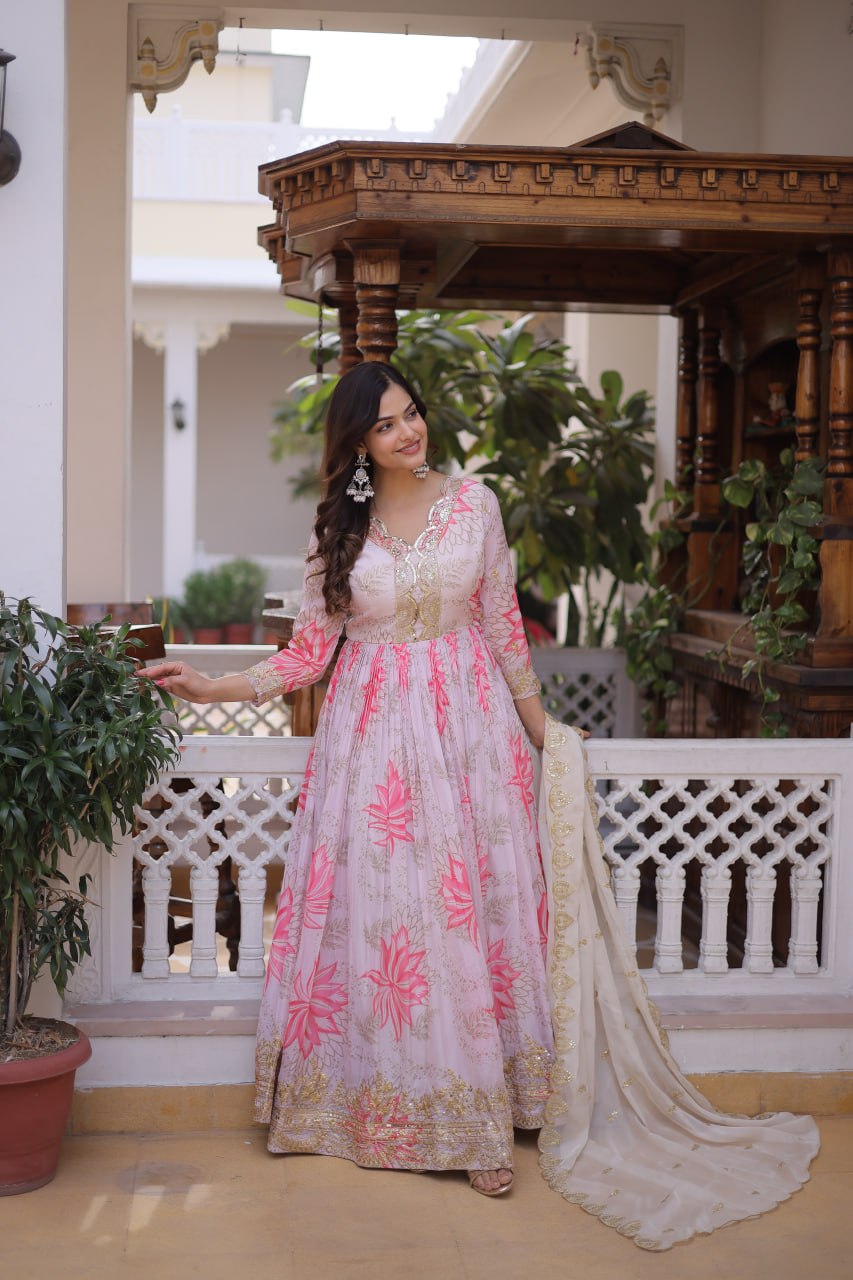 Women’s Pink Floral Printed Anarkali Gown with Embroidered Dupatta | Designer Ethnic Wear for Wedding, Festive & Party
