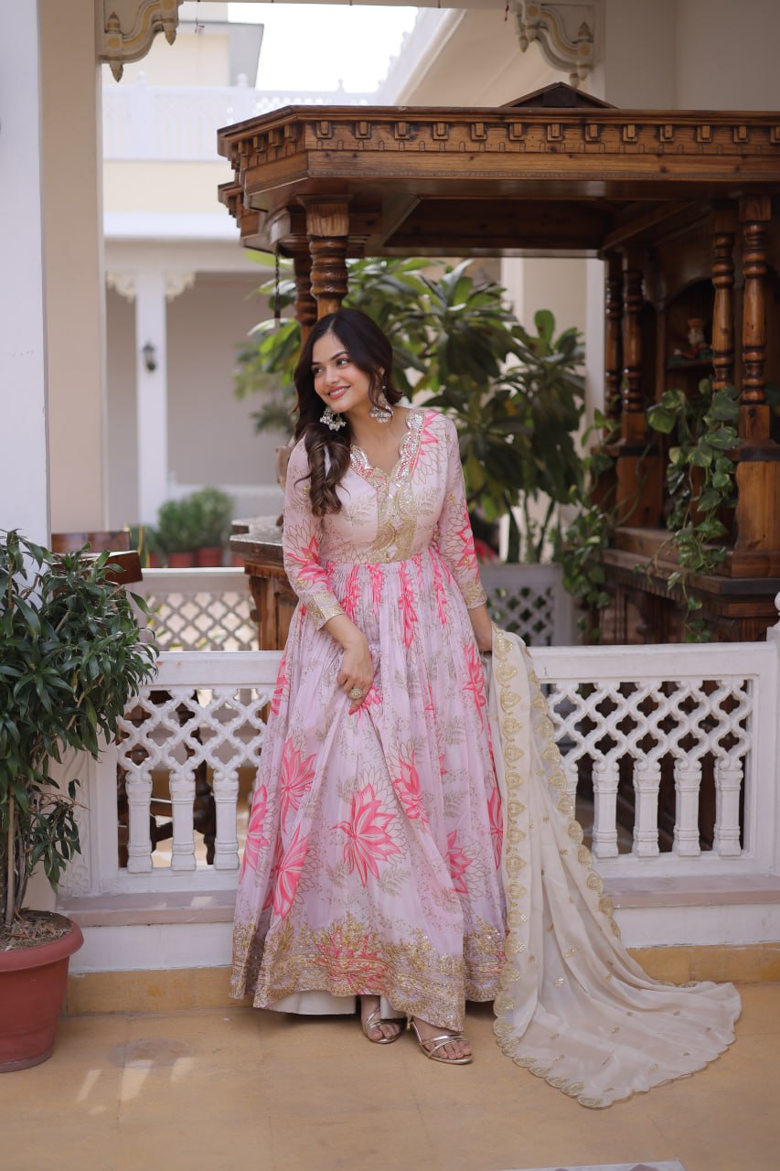 Women’s Pink Floral Printed Anarkali Gown with Embroidered Dupatta | Designer Ethnic Wear for Wedding, Festive & Party