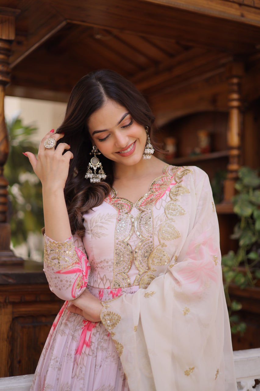 Women’s Pink Floral Printed Anarkali Gown with Embroidered Dupatta | Designer Ethnic Wear for Wedding, Festive & Party