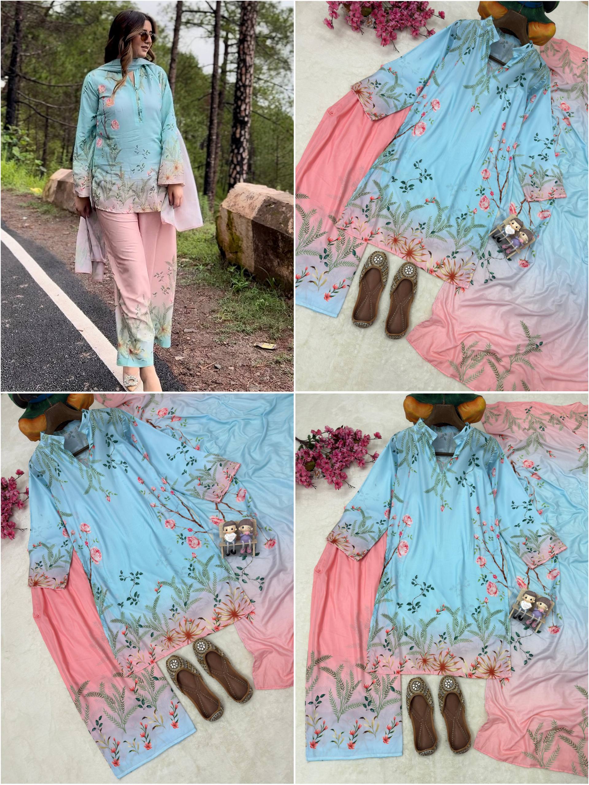 Women's Premium Digital Floral Print Kurti Pant Dupatta Set | Designer Cotton Ethnic Suit | Casual, Festive & Summer Wear