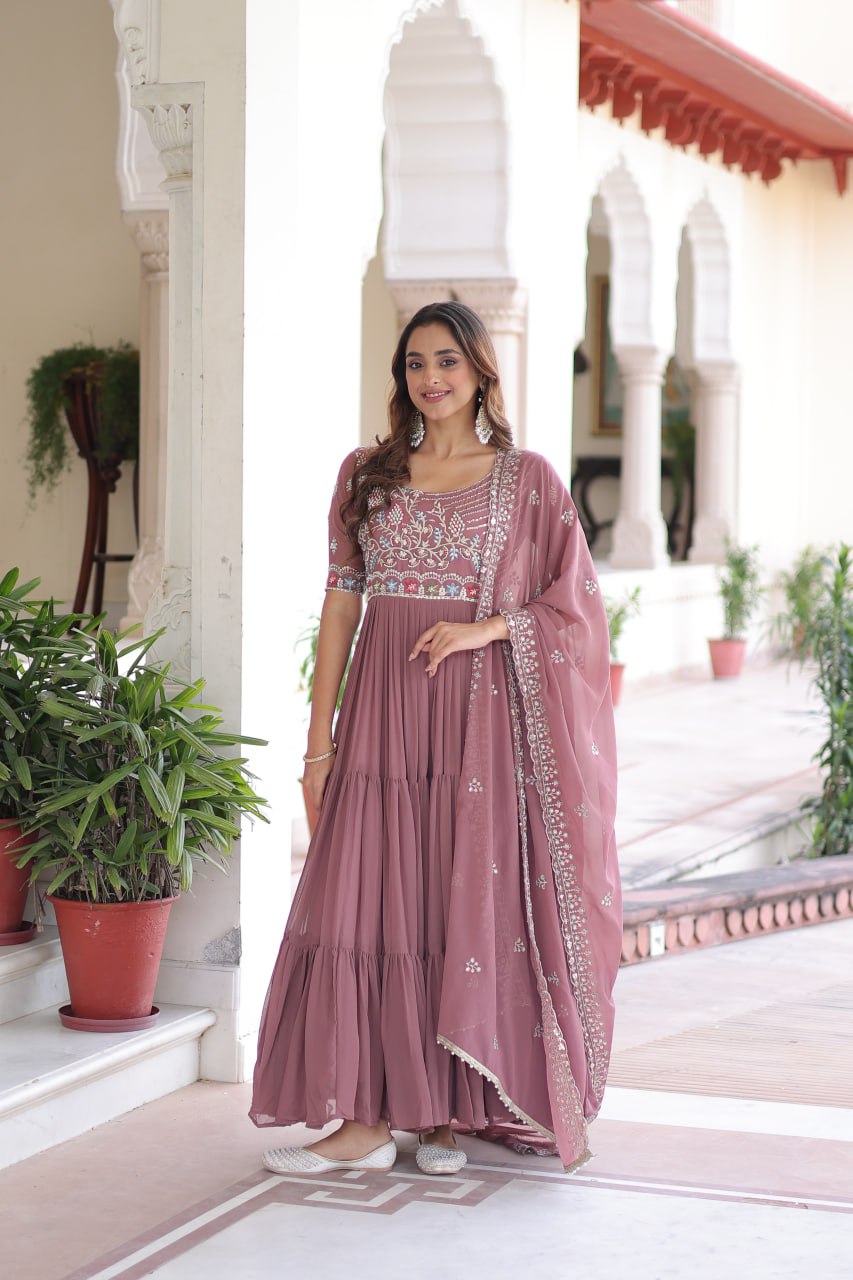Faux Blooming Gown Heavy Sequins And Multithreaded Beads Embroidery With Dupatta Stylish Floor Length Dress