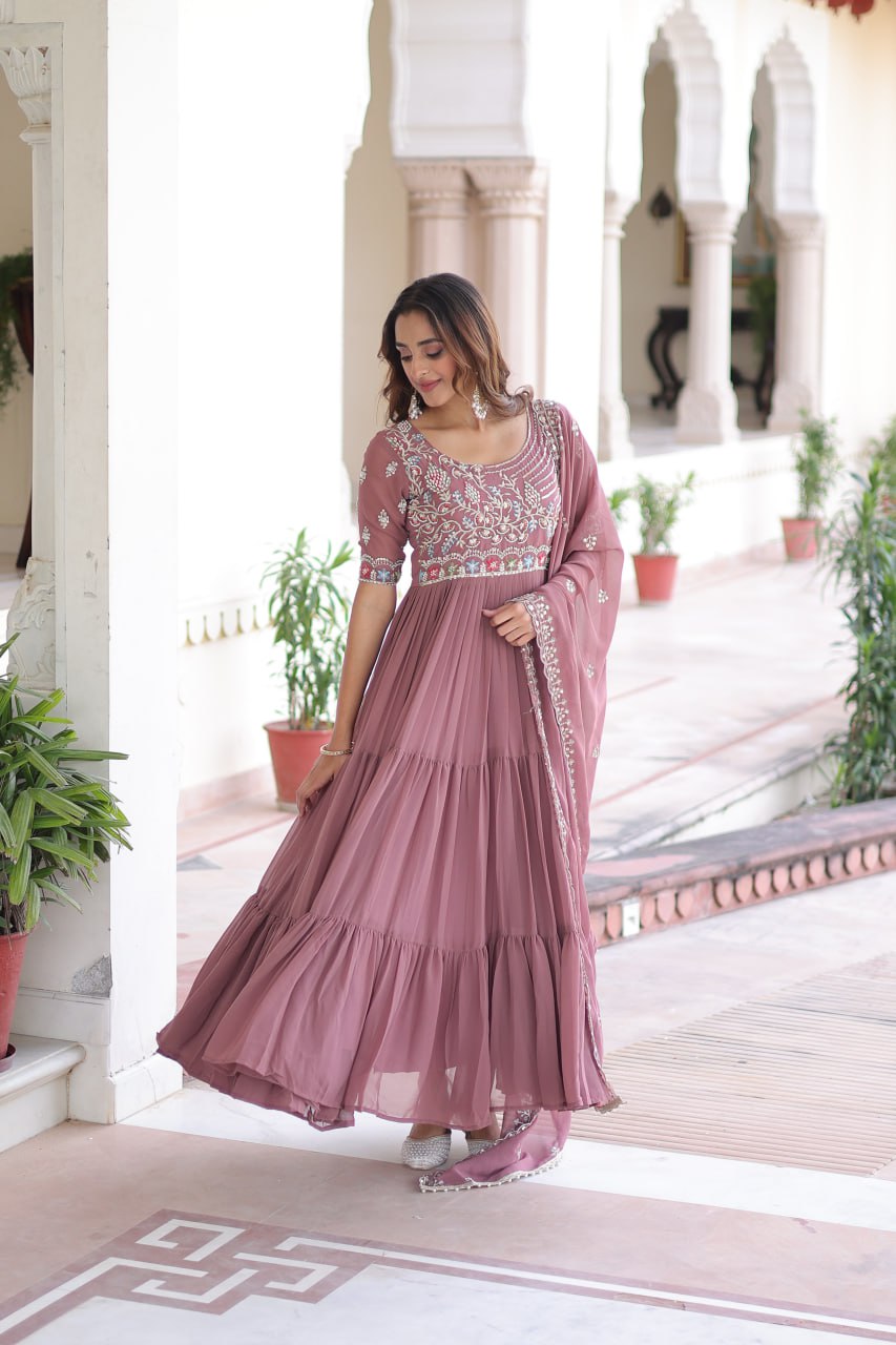 Faux Blooming Gown Heavy Sequins And Multithreaded Beads Embroidery With Dupatta Stylish Floor Length Dress