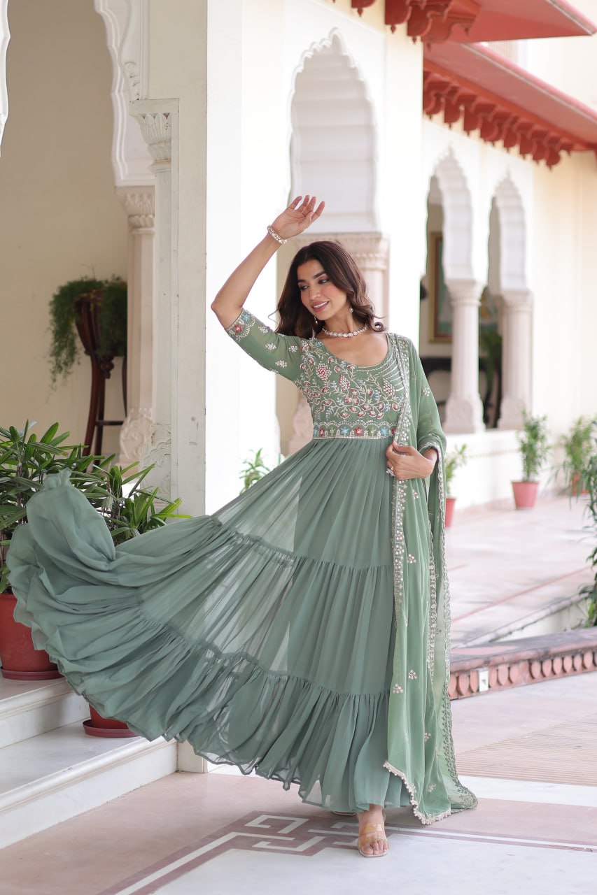 Faux Blooming Gown Heavy Sequins And Multithreaded Beads Embroidery With Dupatta Stylish Floor Length Dress