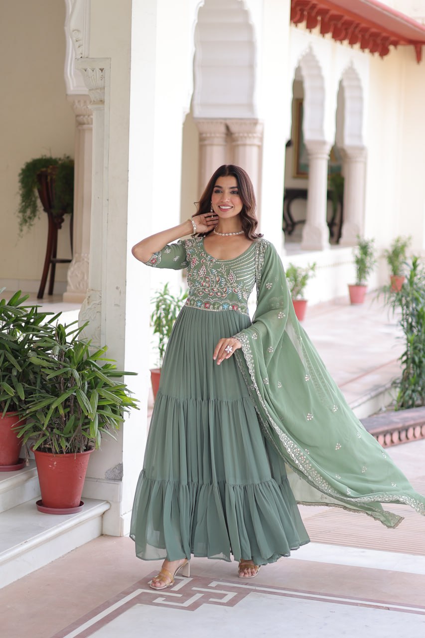 Faux Blooming Gown Heavy Sequins And Multithreaded Beads Embroidery With Dupatta Stylish Floor Length Dress