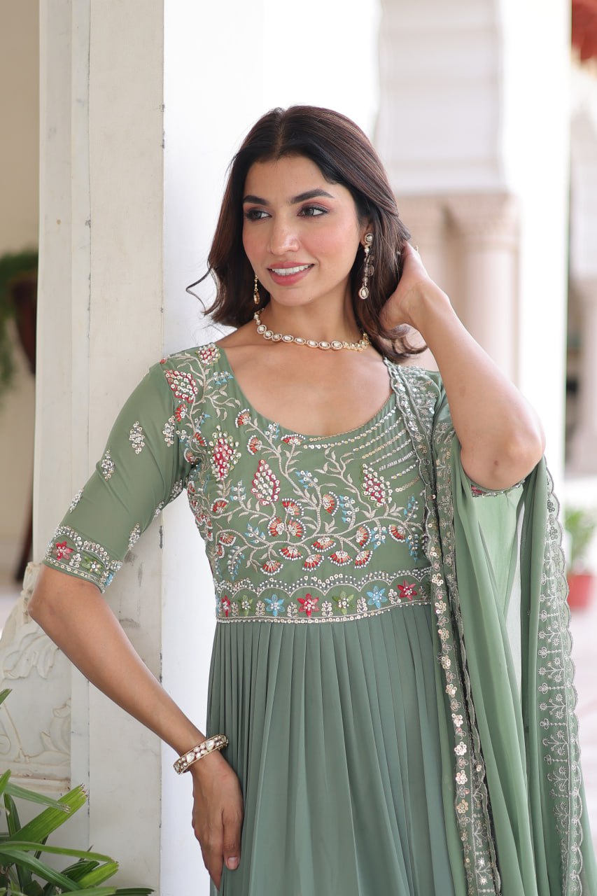 Faux Blooming Gown Heavy Sequins And Multithreaded Beads Embroidery With Dupatta Stylish Floor Length Dress