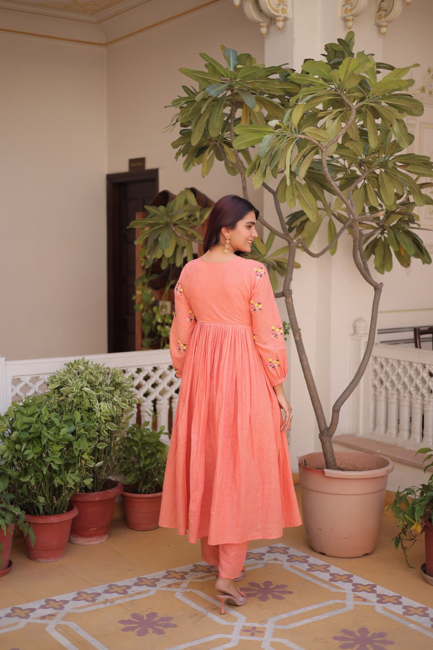 Floral Embroidered Cotton A-Line Kurti for Women | Stylish V-Neck Casual & Festive Wear Kurta