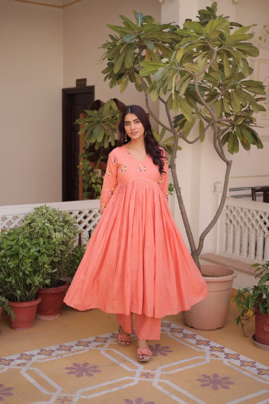 Floral Embroidered Cotton A-Line Kurti for Women | Stylish V-Neck Casual & Festive Wear Kurta