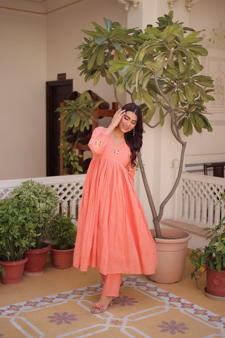 Floral Embroidered Cotton A-Line Kurti for Women | Stylish V-Neck Casual & Festive Wear Kurta