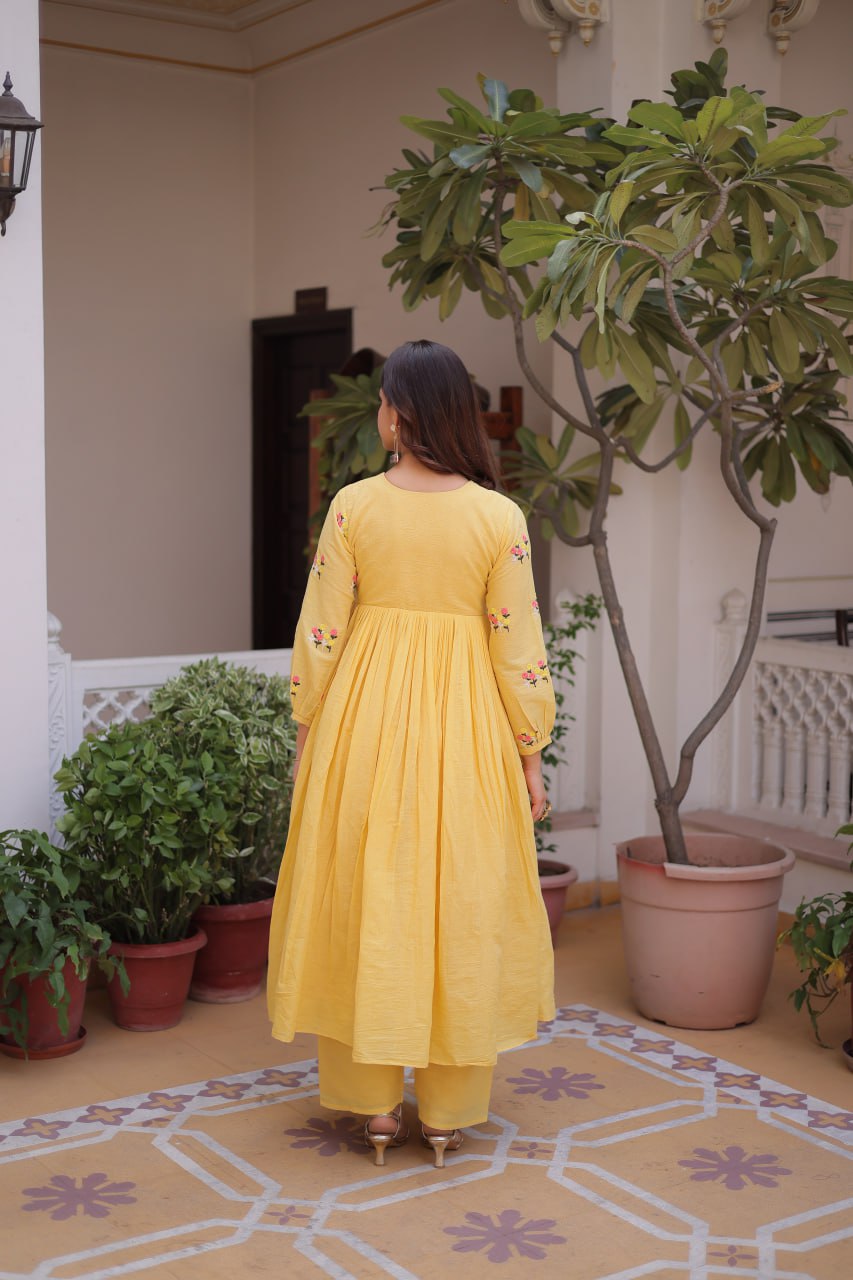 Floral Embroidered Cotton A-Line Kurti for Women | Stylish V-Neck Casual & Festive Wear Kurta