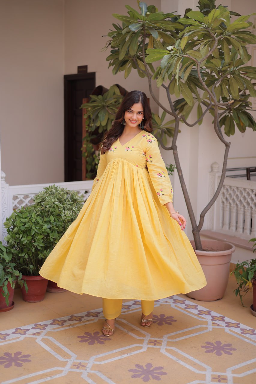 Floral Embroidered Cotton A-Line Kurti for Women | Stylish V-Neck Casual & Festive Wear Kurta