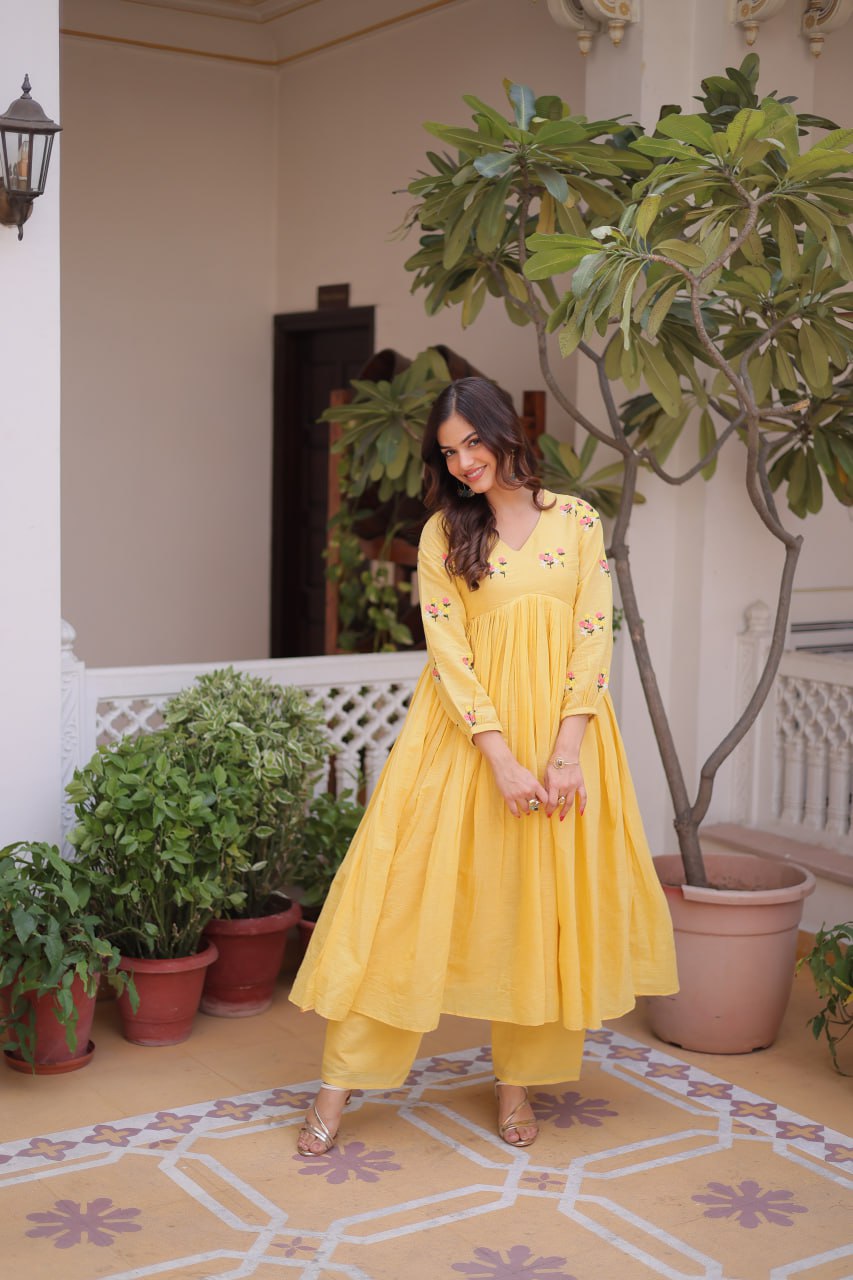 Floral Embroidered Cotton A-Line Kurti for Women | Stylish V-Neck Casual & Festive Wear Kurta