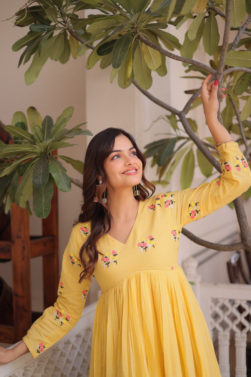 Floral Embroidered Cotton A-Line Kurti for Women | Stylish V-Neck Casual & Festive Wear Kurta