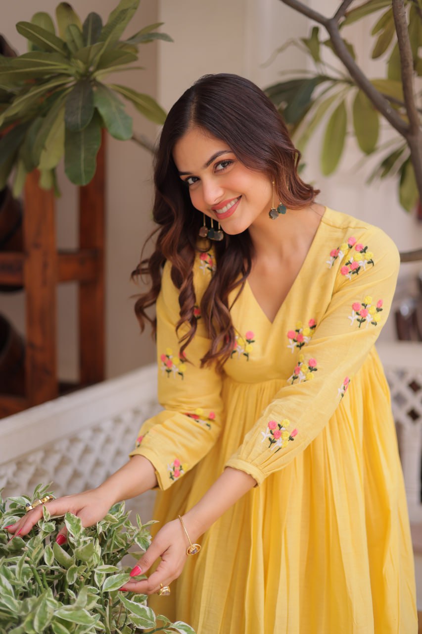 Floral Embroidered Cotton A-Line Kurti for Women | Stylish V-Neck Casual & Festive Wear Kurta