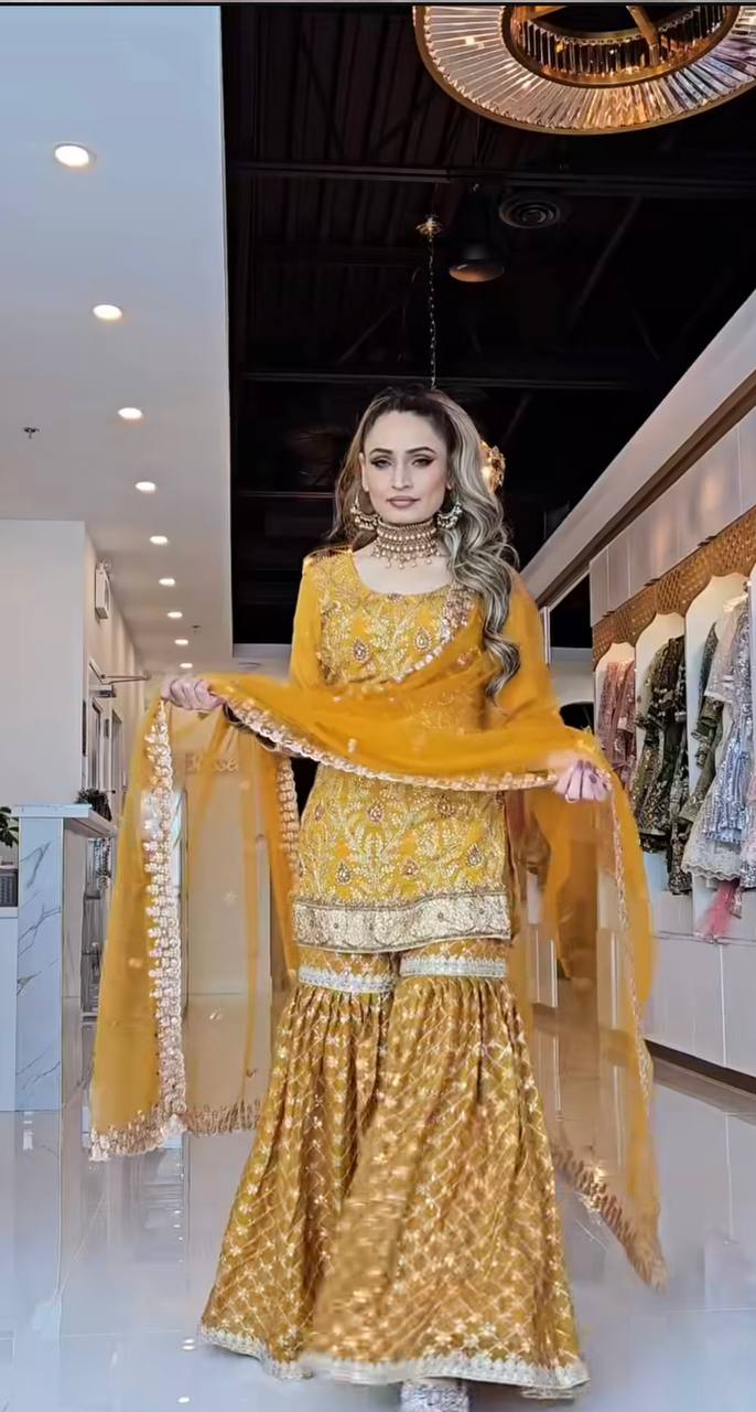 Mustard Yellow Sharara Suit Set for Women with Dupatta | Designer Embroidered Festive & Wedding Wear Outfit