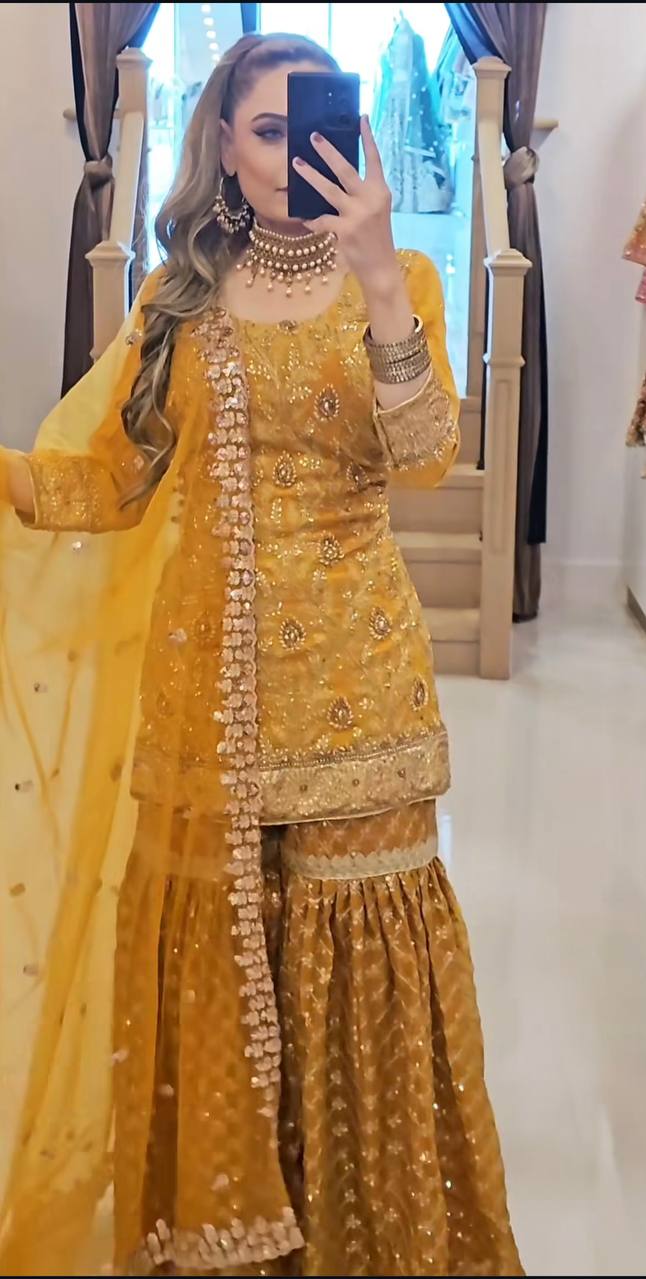 Mustard Yellow Sharara Suit Set for Women with Dupatta | Designer Embroidered Festive & Wedding Wear Outfit