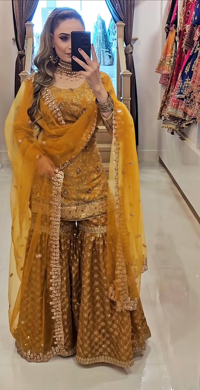Mustard Yellow Sharara Suit Set for Women with Dupatta | Designer Embroidered Festive & Wedding Wear Outfit