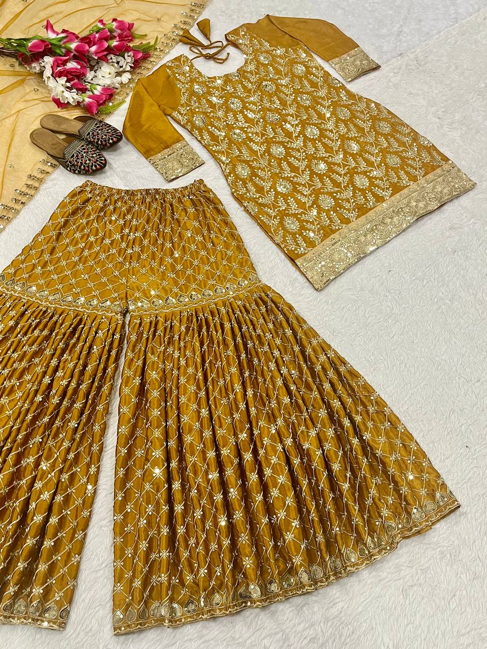 Mustard Yellow Sharara Suit Set for Women with Dupatta | Designer Embroidered Festive & Wedding Wear Outfit