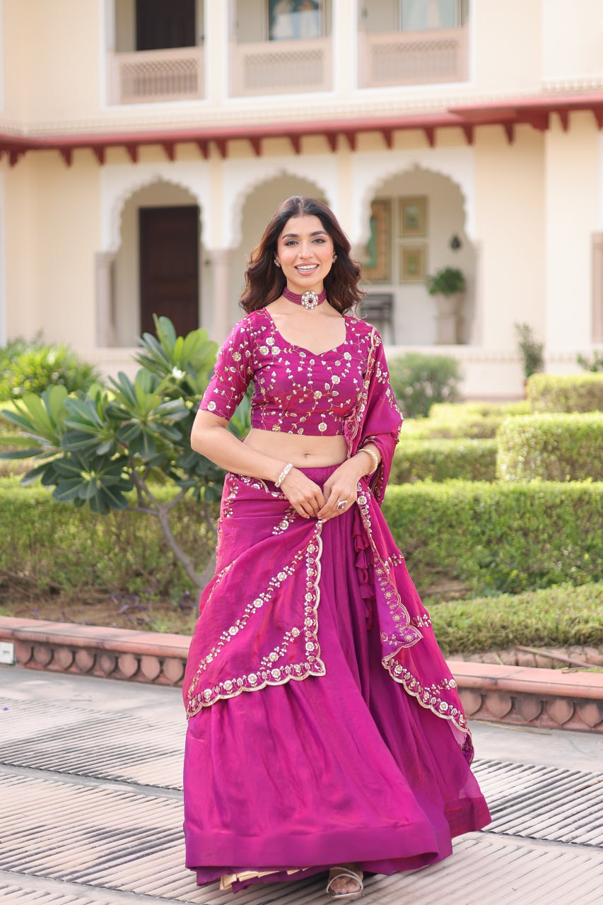 Rani Pink Fendi Silk Bridal Lehenga Set with Sequins Multithread Embroidery & Lace Dupatta – Full-Stitched Designer Wear