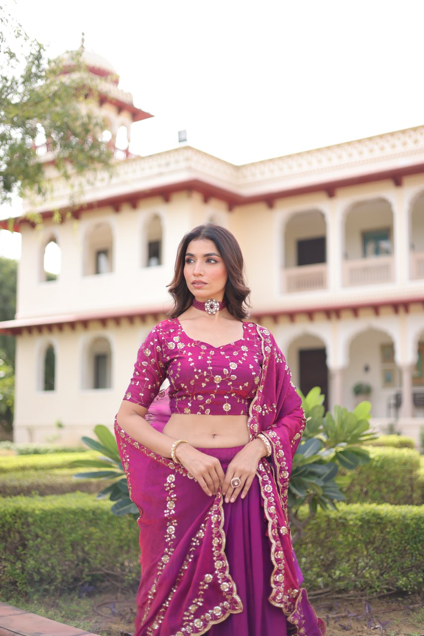 Rani Pink Fendi Silk Bridal Lehenga Set with Sequins Multithread Embroidery & Lace Dupatta – Full-Stitched Designer Wear
