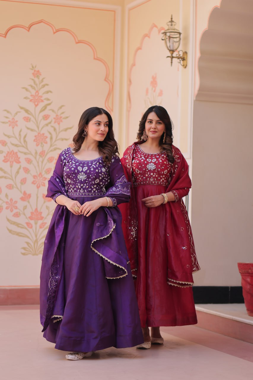 Women’s Embroidered Anarkali Gown Set with Dupatta – Purple & Maroon Festive Wear