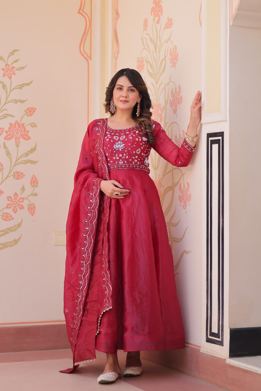 Women’s Embroidered Anarkali Gown Set with Dupatta – Purple & Maroon Festive Wear