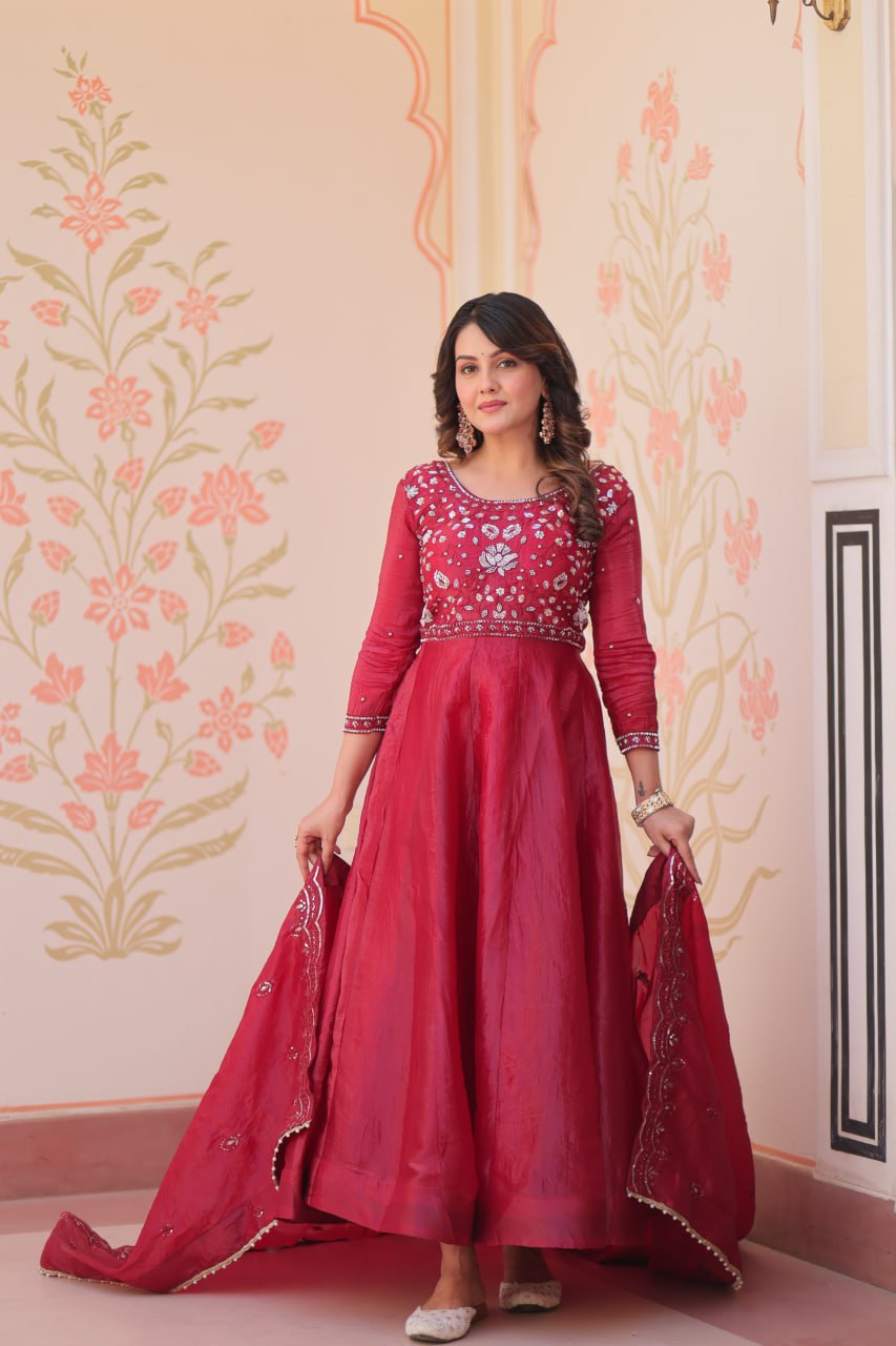 Women’s Embroidered Anarkali Gown Set with Dupatta – Purple & Maroon Festive Wear