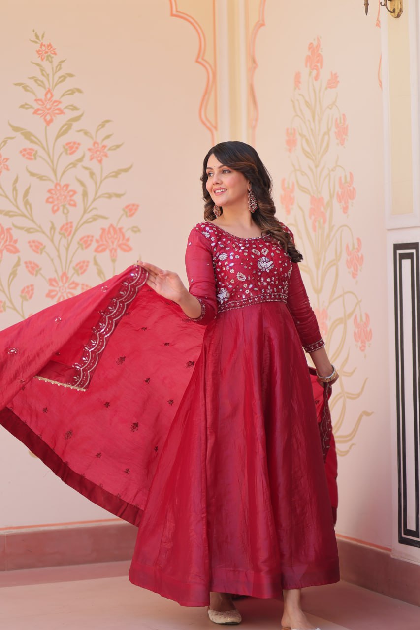 Women’s Embroidered Anarkali Gown Set with Dupatta – Purple & Maroon Festive Wear
