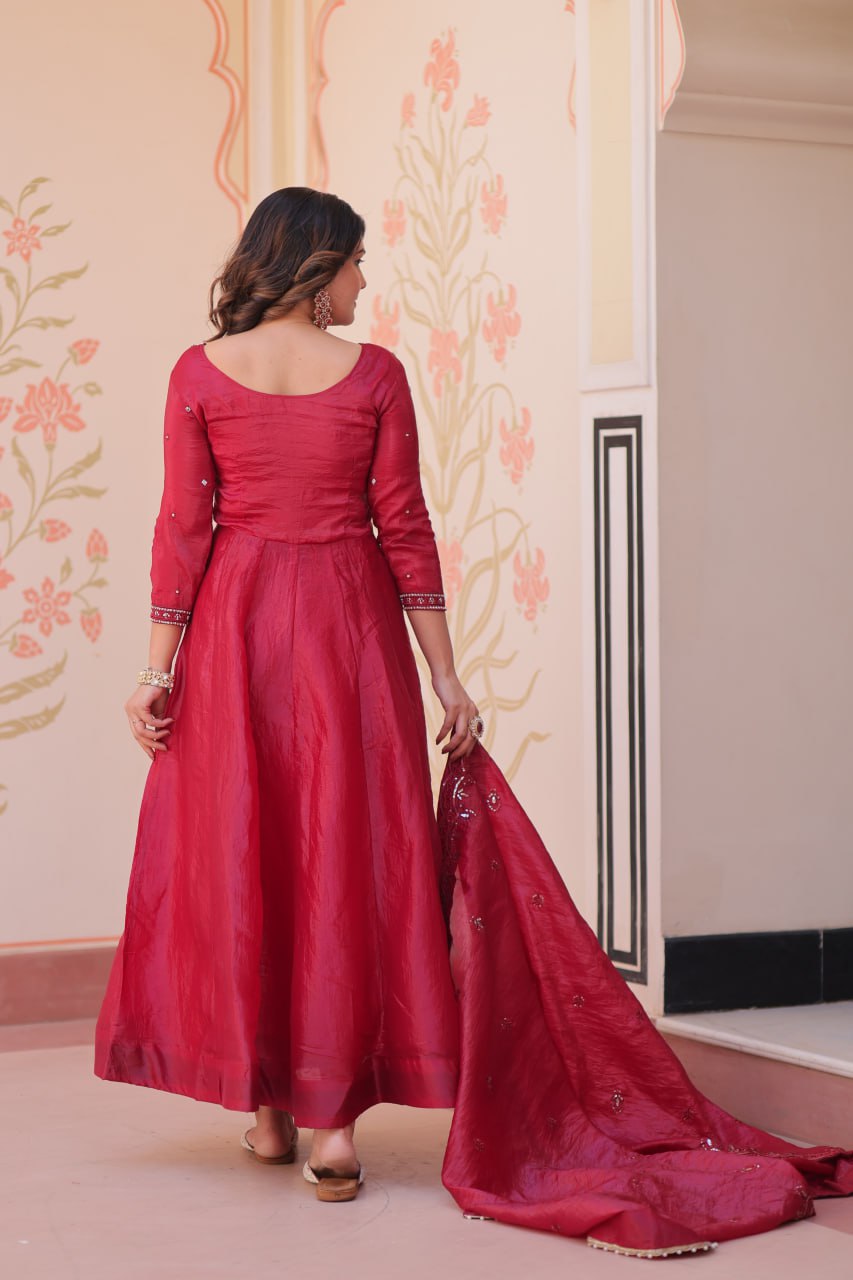 Women’s Embroidered Anarkali Gown Set with Dupatta – Purple & Maroon Festive Wear