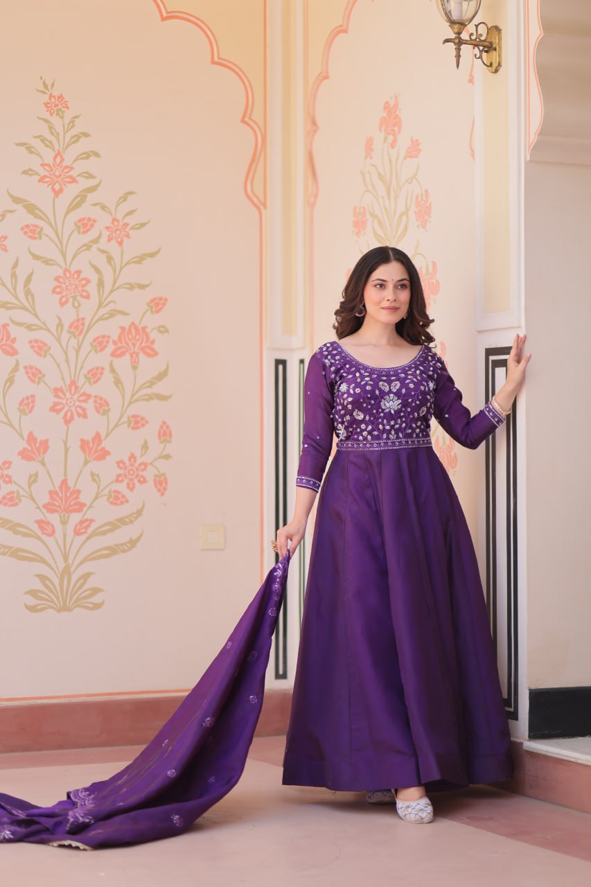 Women’s Embroidered Anarkali Gown Set with Dupatta – Purple & Maroon Festive Wear
