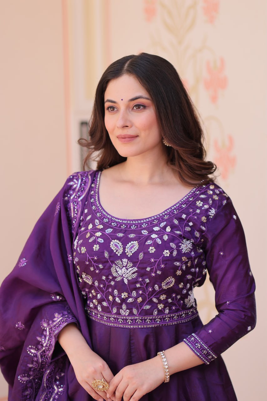 Women’s Embroidered Anarkali Gown Set with Dupatta – Purple & Maroon Festive Wear
