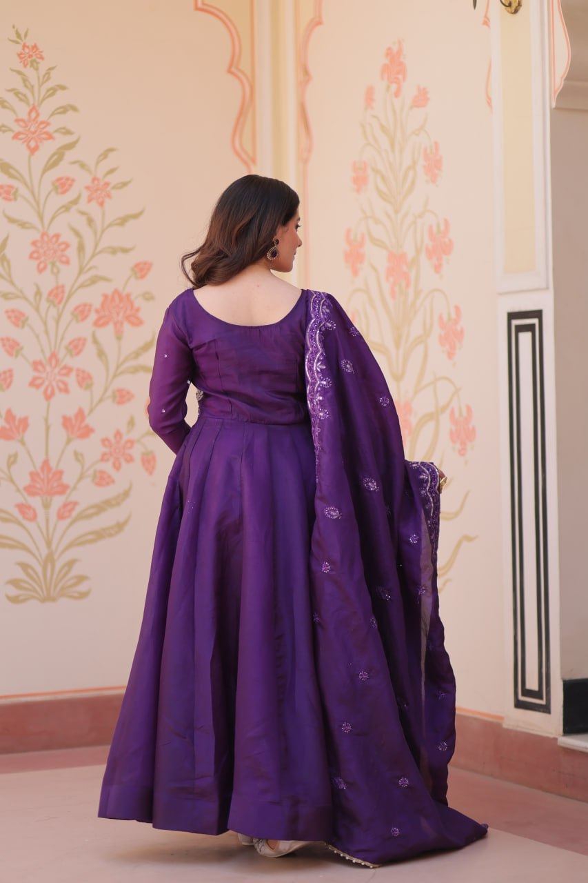 Women’s Embroidered Anarkali Gown Set with Dupatta – Purple & Maroon Festive Wear