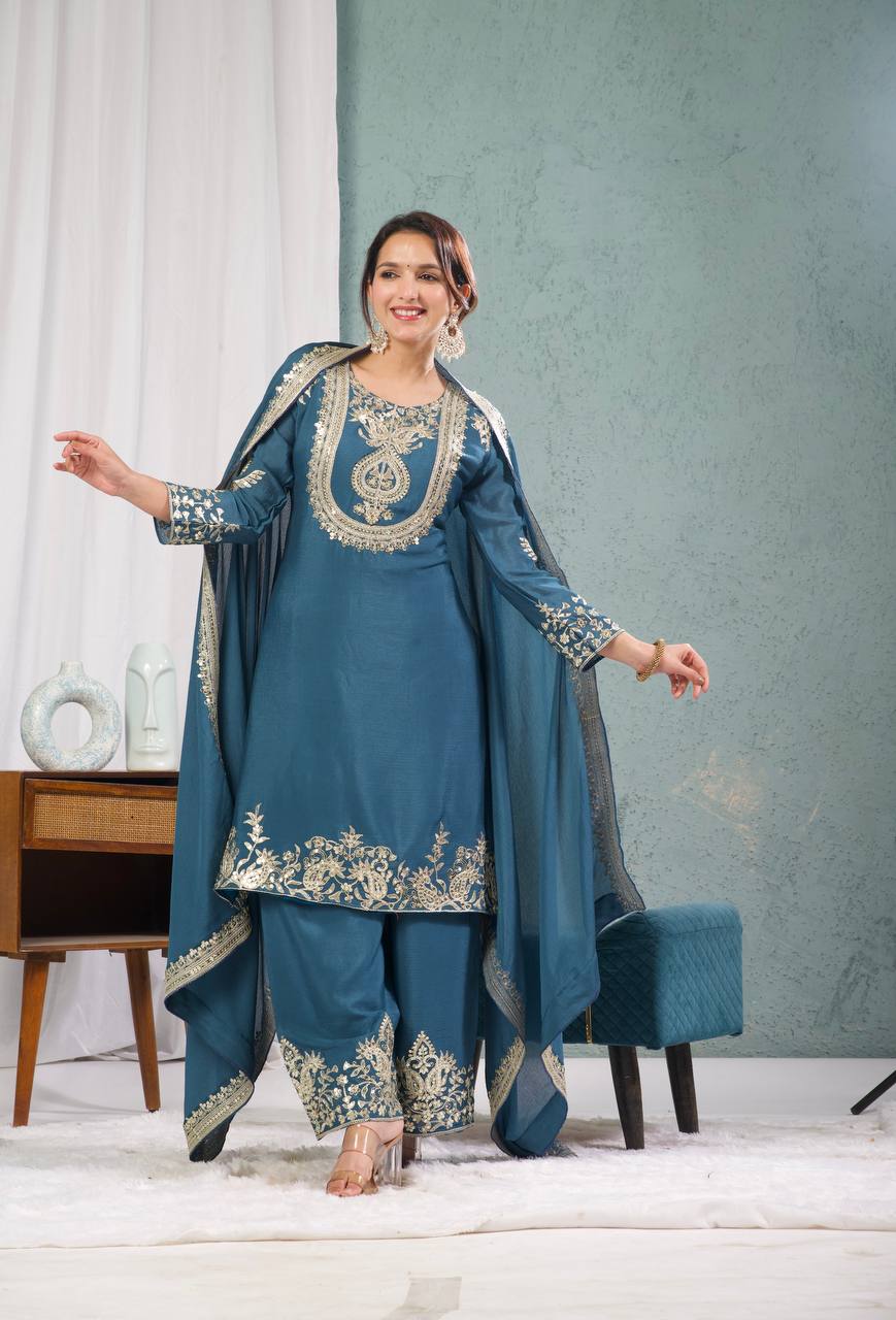 Designer Kurti Pant Set with Dupatta for Women | Embroidered Festive & Party Wear Ethnic Suit Collection