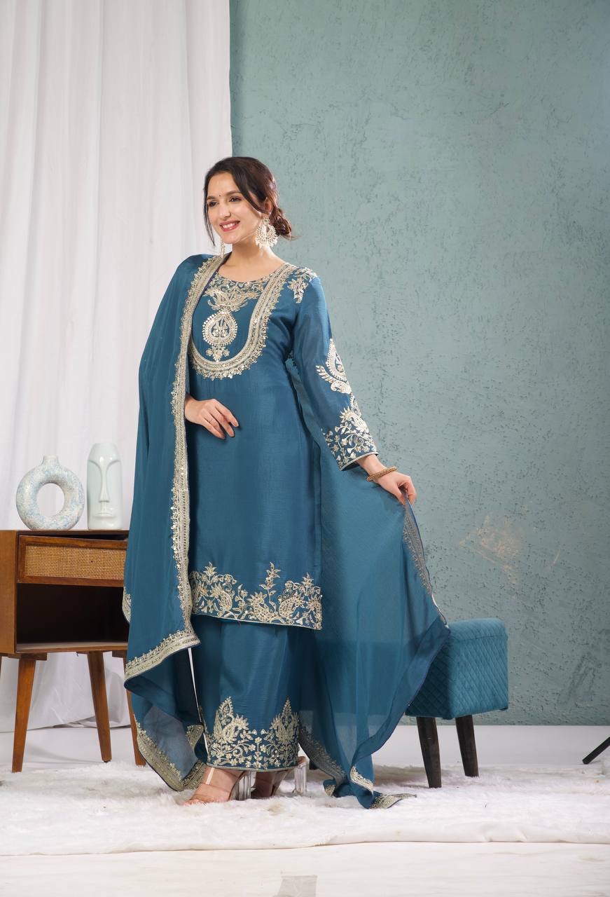 Designer Kurti Pant Set with Dupatta for Women | Embroidered Festive & Party Wear Ethnic Suit Collection
