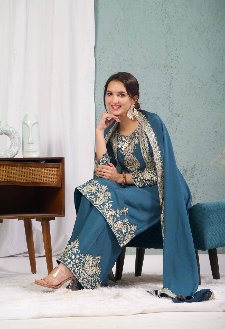Designer Kurti Pant Set with Dupatta for Women | Embroidered Festive & Party Wear Ethnic Suit Collection