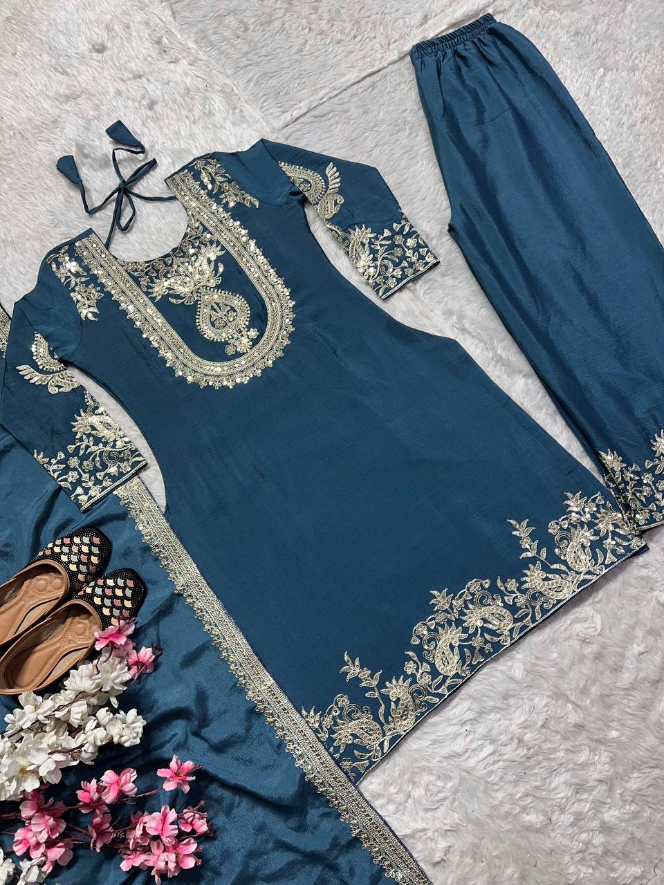 Designer Kurti Pant Set with Dupatta for Women | Embroidered Festive & Party Wear Ethnic Suit Collection