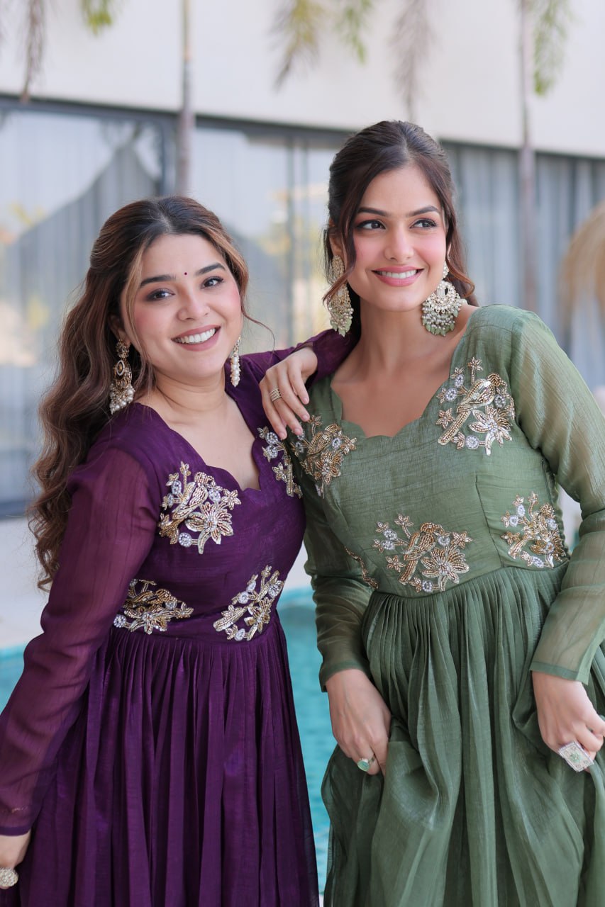 Designer Embroidered Anarkali Gown for Women – Purple & Green Party Wear