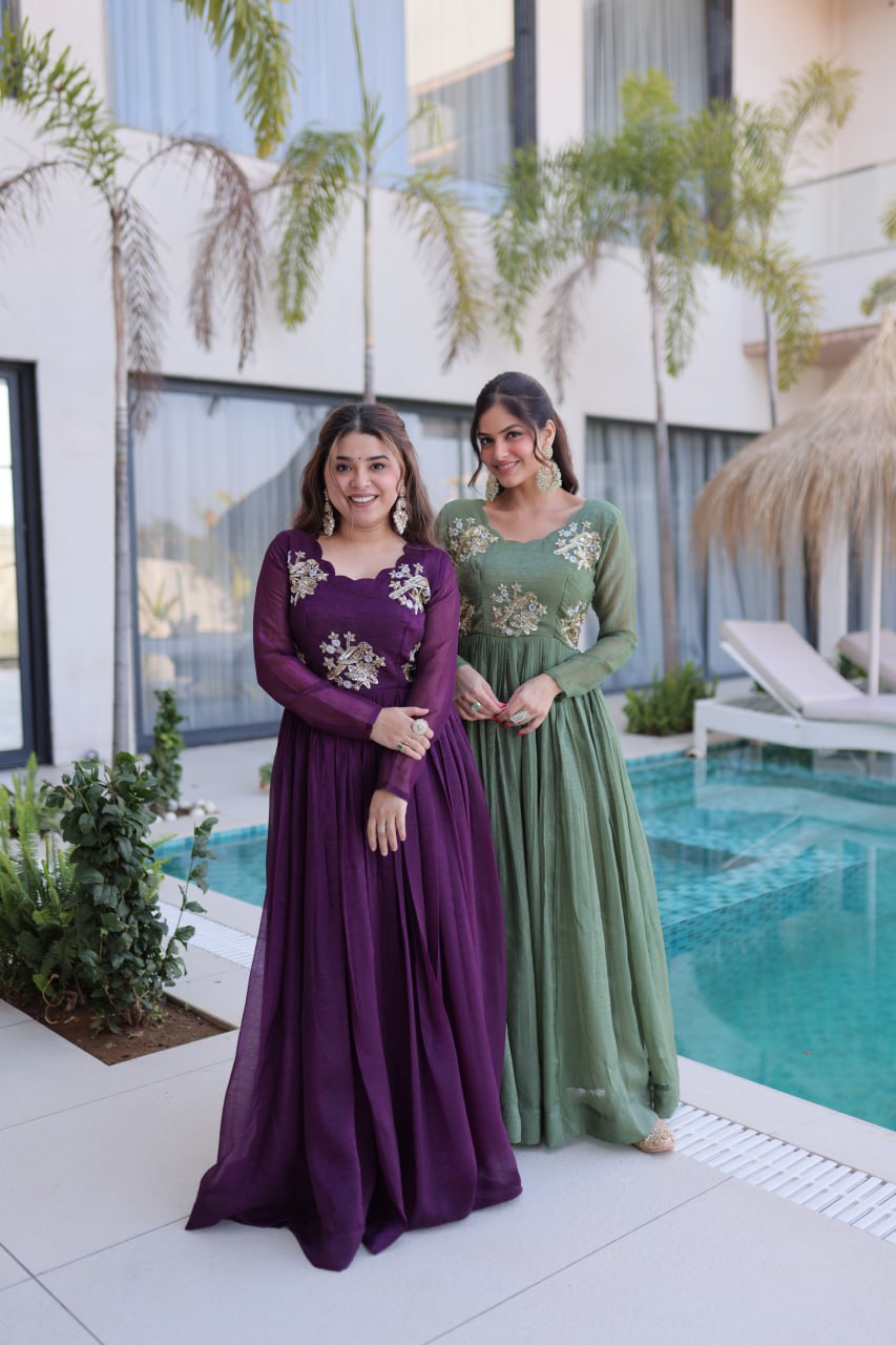 Designer Embroidered Anarkali Gown for Women – Purple & Green Party Wear