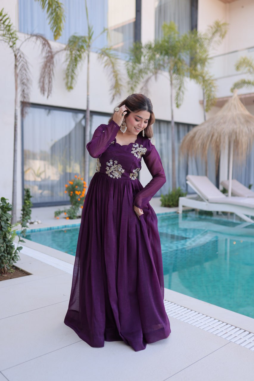 Designer Embroidered Anarkali Gown for Women – Purple & Green Party Wear