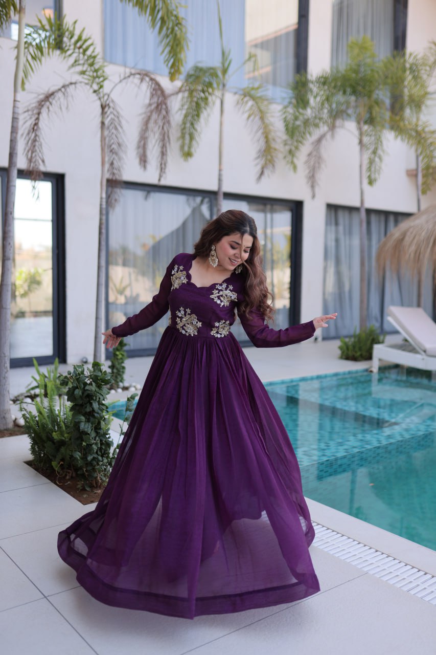Designer Embroidered Anarkali Gown for Women – Purple & Green Party Wear