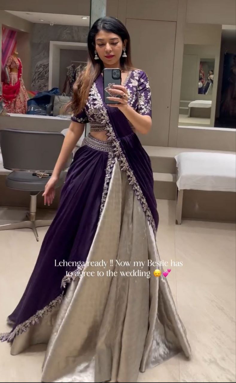 Designer Purple Lehenga Saree with Embroidered Blouse