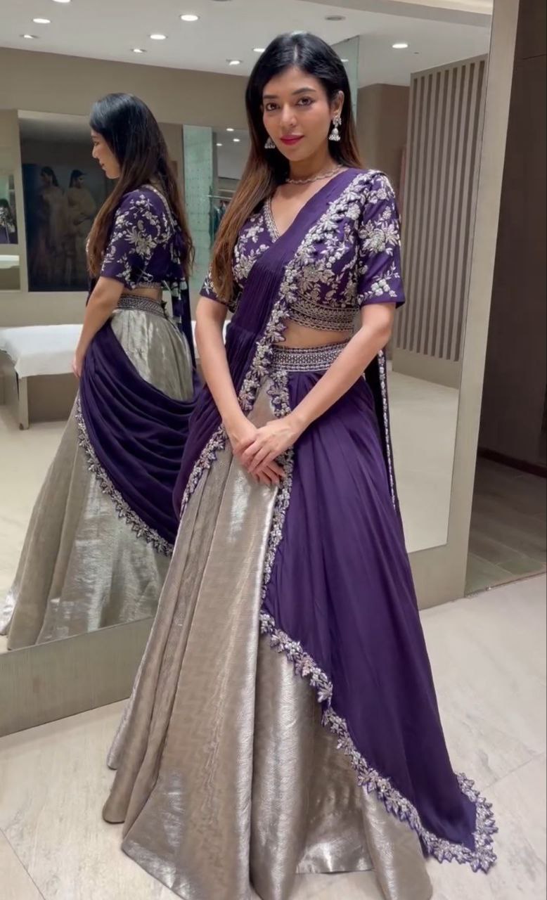 Designer Purple Lehenga Saree with Embroidered Blouse