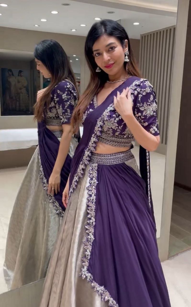 Designer Purple Lehenga Saree with Embroidered Blouse